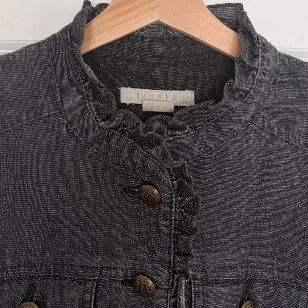 Sandro Black Denim Jacket Ruffle Button Up Shacket Cotton Casual Military Sz S